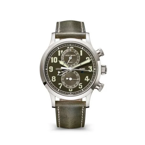 Patek Philippe Calatrava Pilot Travel Time Chronograph White Gold / Green