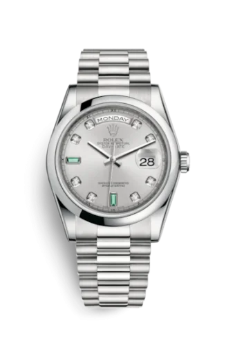 Rolex - 118206-0114 Day-Date 36 Platinum Domed / President / Silver Diamond Emerald