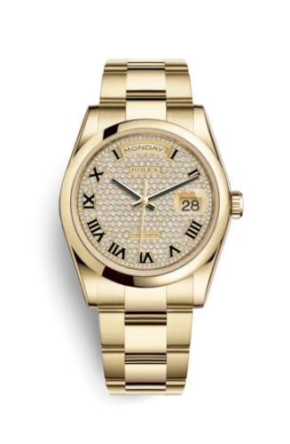 Rolex - 118208-0137 Day-Date 36 Yellow Gold Domed / Oyster / Paved Roman