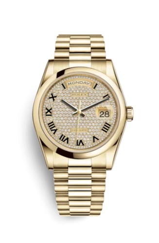 Rolex - 118208-0214 Day-Date 36 Yellow Gold Domed / President / Paved Roman