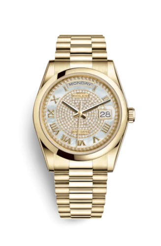 Rolex - 118208-0313 Day-Date 36 Yellow Gold Domed / President / Paved Roman