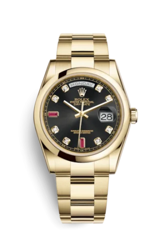 Rolex - 118208-0322 Day-Date 36 Yellow Gold Domed / Oyster / Black Diamonds Rubies