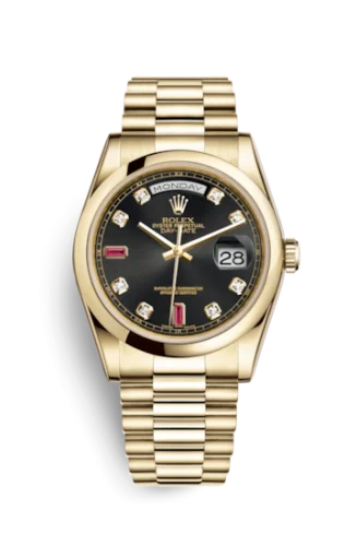 Rolex - 118208-0323 Day-Date 36 Yellow Gold Domed / President / Black Diamonds Rubies
