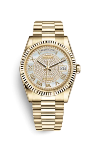 Rolex - 118238-0123 Day-Date 36 Yellow Gold Fluted / President Diamond / Paved Roman
