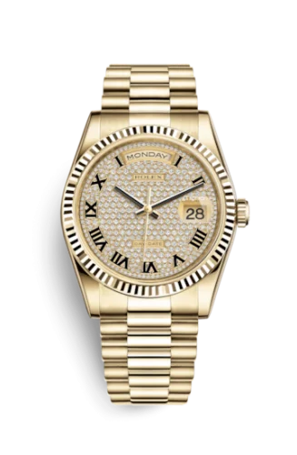 Rolex - 118238-0129 Day-Date 36 Yellow Gold Fluted / President / Paved Roman