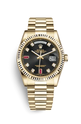 Rolex - 118238-0394 Day-Date 36 Yellow Gold Fluted / President / Black Diamonds Rubies