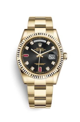 Rolex - 118238-0396 Day-Date 36 Yellow Gold Fluted / Oyster / Black Diamonds Rubies