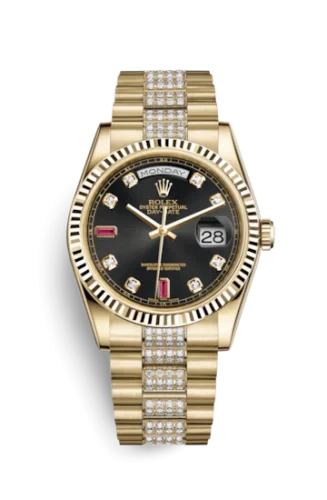 Rolex - 118238-0405 Day-Date 36 Yellow Gold Fluted / President Diamonds / Black Diamonds Rubies