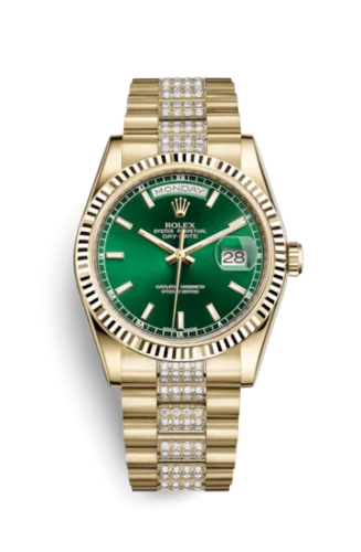 Rolex - 118238-0435 Day-Date 36 Yellow Gold Fluted / President Diamonds / Green