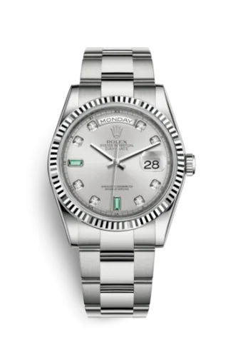 Rolex - 118239-0271 Day-Date 36 White Gold Fluted / Oyster / Silver Diamond Emerald