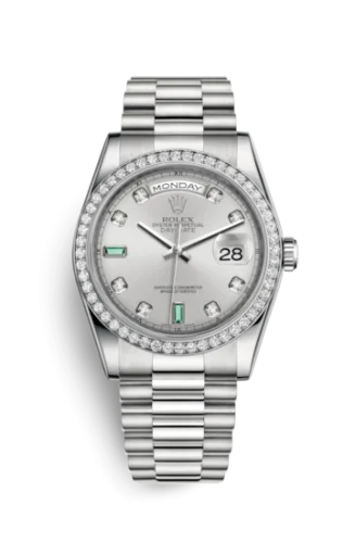 Rolex - 118346-0084 Day-Date 36 Platinum Diamonds / President / Silver Diamond Emerald