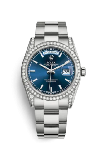 Rolex - 118389-0125 Day-Date 36 White Gold Diamonds / Oyster / Blue