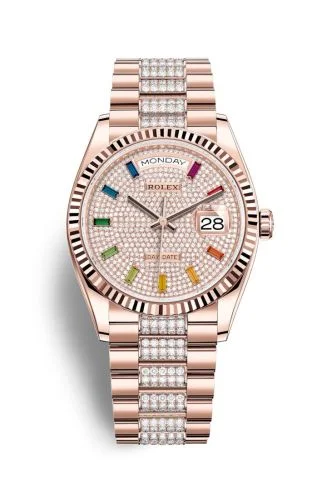 Rolex - 128235-0040 Day-Date 36 Everose Gold / Fluted / Paved-Rainbow / President-Diamond