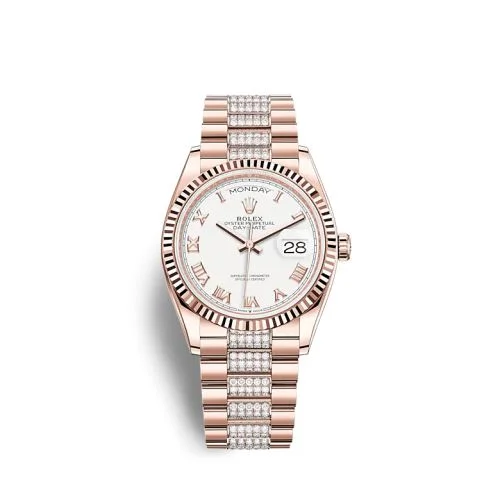 Rolex - 128235-0053 Day-Date 36 Everose Gold / Fluted / White - Roman / President-Diamond