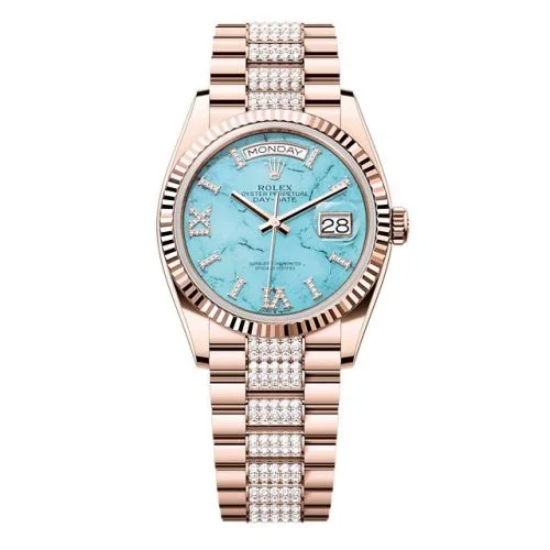 Rolex - 128235-0065 Day-Date 36 Everose Gold - Fluted / Turquoise / President - Diamond