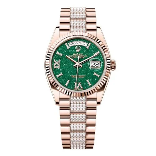 Rolex - 128235-0069 Day-Date 36 Everose Gold - Fluted  / Green Aventurine / President - Diamond