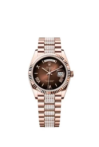 Rolex - 128235-0076 Day-Date 36 Everose Gold - Fluted / Brown Ombré - Roman / President - Diamond