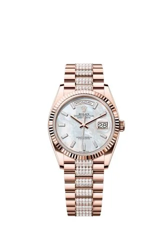 Rolex - 128235-0079 Day-Date 36 Everose Gold - Fluted / MOP - Baguette / President - Diamond