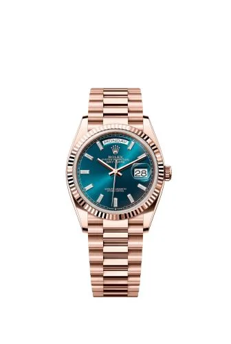 Rolex - 128235-0085 Day-Date 36 Everose Gold - Fluted / Blue-Green - Baguette / President