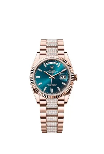 Rolex - 128235-0086 Day-Date 36 Everose Gold - Fluted / Blue-Green - Baguette / President - Diamond