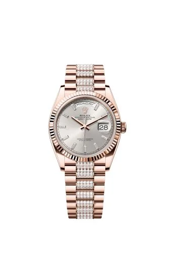 Rolex - 128235-0088 Day-Date 36 Everose Gold - Fluted / Silver - Baguette / President - Diamond