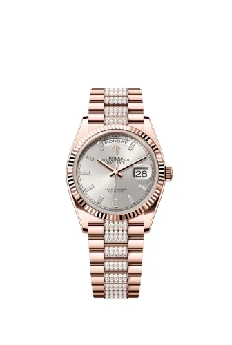 Rolex Rolex - 128235-0088 Day-Date 36 Everose Gold - Fluted / Silver - Baguette / President - Diamond