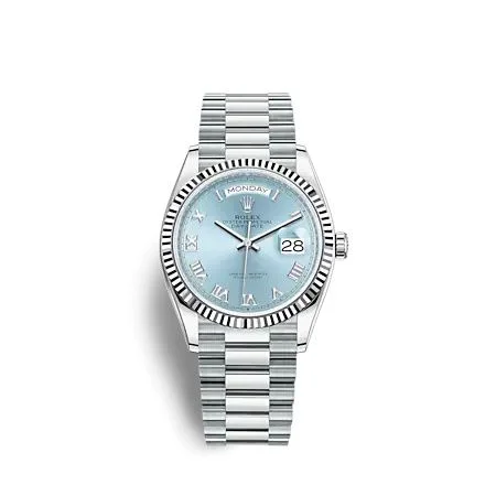 Rolex - 128236-0008 Day-Date 36 Platinum - Fluted / Ice Blue - Roman / President