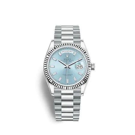 Rolex - 128236-0009 Day-Date 36 Platinum - Fluted / Ice Blue - Baguette / President
