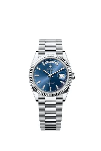 Rolex - 128236-0023 Day-Date 36 Platinum - Fluted / Bright Blue - Baguette / President