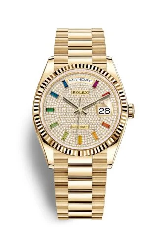 Rolex - 128238-0051 Day-Date 36 Yellow Gold / Fluted / Paved-Rainbow / President