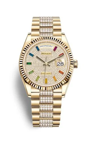 Rolex - 128238-0052 Day-Date 36 Yellow Gold / Fluted / Paved-Rainbow / President-Diamond