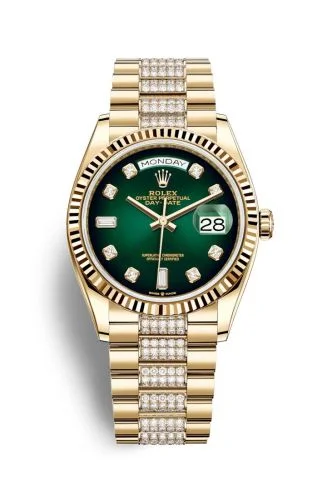 Rolex - 128238-0070 Day-Date 36 Yellow Gold / Fluted / Green Ombré-Diamond / President-Diamond