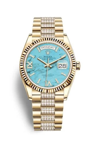 Rolex - 128238-0072 Day-Date 36 Yellow Gold / Fluted / Turquoise / President-Diamond