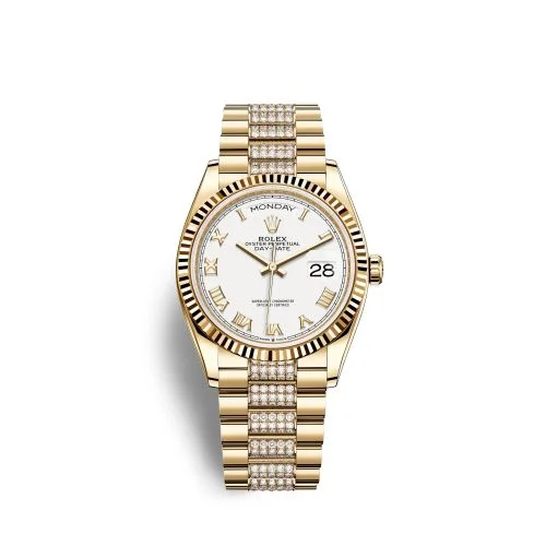 Rolex - 128238-0077 Day-Date 36 Yellow Gold / Fluted / White - Roman / President - Diamond