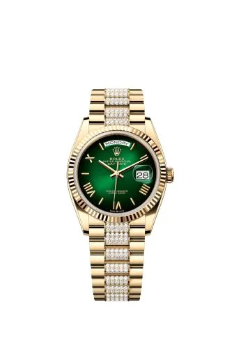 Rolex - 128238-0119 Day-Date 36 Yellow Gold / Fluted / Green Ombré - Roman / President - Diamond