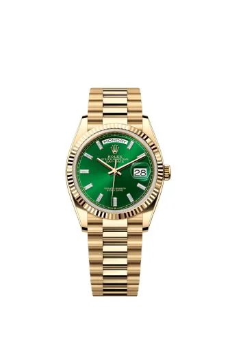 Rolex - 128238-0130 Day-Date 36 Yellow Gold / Fluted / Bright Green - Baguette / President