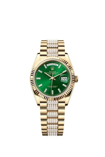 Rolex - 128238-0131 Day-Date 36 Yellow Gold - Fluted / Bright Green - Baguette / President - Diamond