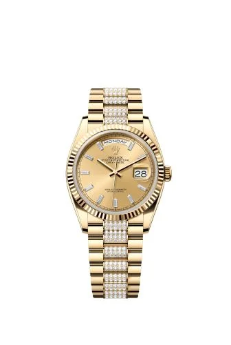 Rolex - 128238-0133 Day-Date 36 Yellow Gold / Fluted / Champagne - Baguette / President - Diamond