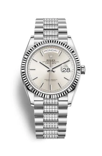 Rolex - 128239-0025 Day-Date 36 White Gold / Fluted / Silver / President-Diamond