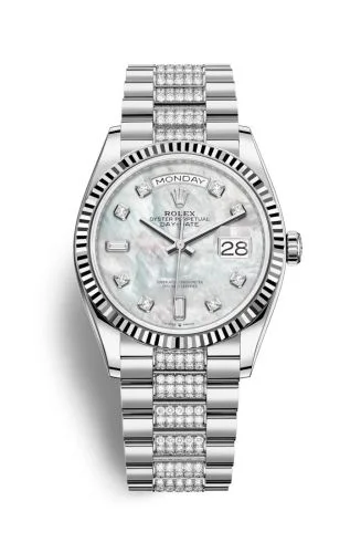 Rolex - 128239-0026 Day-Date 36 White Gold / Fluted / MOP-Diamond / President-Diamond