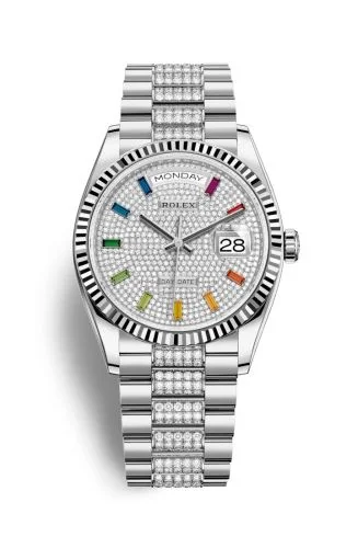 Rolex - 128239-0027 Day-Date 36 White Gold / Fluted / Paved-Rainbow / President-Diamond