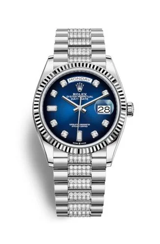 Rolex - 128239-0029 Day-Date 36 White Gold / Fluted / Blue Ombré-Diamond / President-Diamond
