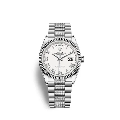 Rolex - 128239-0039 Day-Date 36 White Gold Fluted / White - Roman / President - Diamond