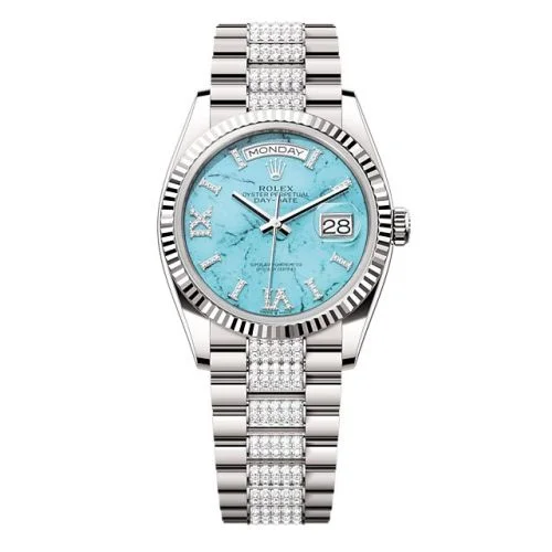 Rolex - 128239-0045 Day-Date 36 White Gold - Fluted / Turquoise / President - Diamond