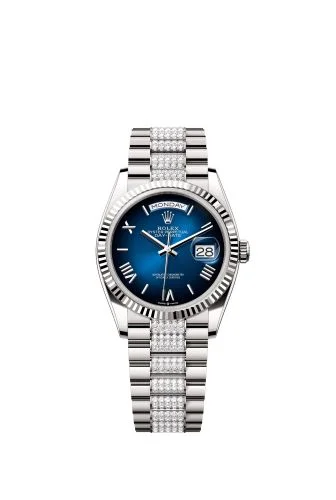 Rolex - 128239-0064 Day-Date 36 White Gold - Fluted / Blue Ombré - Roman / President - Diamond