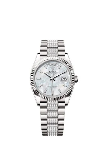 Rolex - 128239-0066 Day-Date 36 White Gold / Fluted / MOP-Diamond / President-Diamond