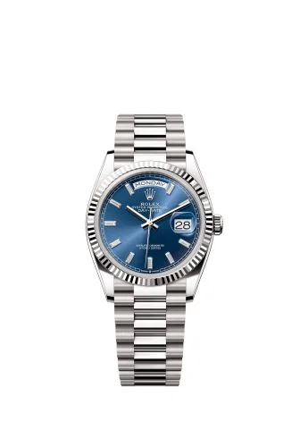 Rolex - 128239-0069 Day-Date 36 White Gold - Fluted / Bright Blue - Baguette / President