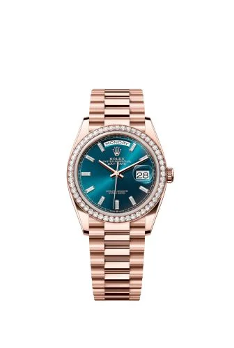 Rolex - 128345RBR-0083 Day-Date 36 Everose Gold - Diamond / Blue-Green - Baguette / President