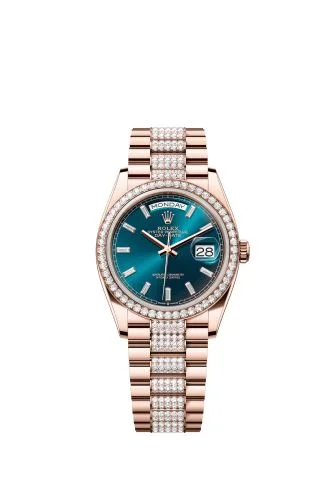 Rolex - 128345RBR-0084 Day-Date 36 Everose Gold - Diamond / Blue-Green - Baguette / President - Diamond