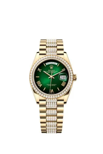 Rolex - 128348RBR-0069 Day-Date 36 Yellow Gold Diamond / Green - Ombré / President - Diamond